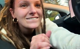 Cum starved teen gives fabulous POV blowjob in the car