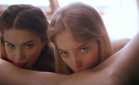 Naughty young babes involved in torrid lesbian threesome
