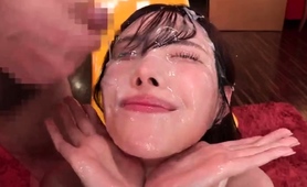 Blowbang session with bukkake finish for dirty cum whore