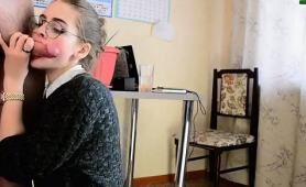 Nerdy Blonde Teen In Stockings Begs For A Mouthful Of Jizz